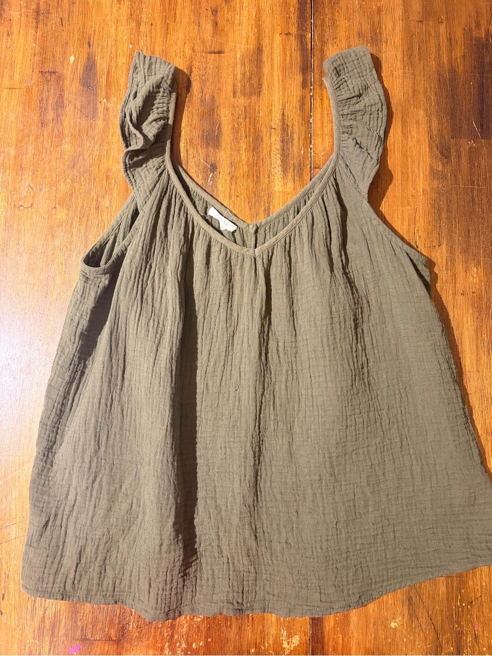 Maurices Olive Gauze V-Neck Ruffle Strap Tank